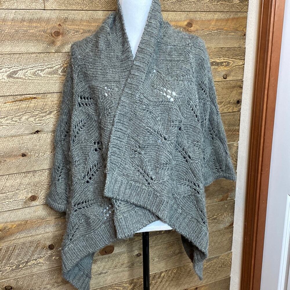 Hanii Y Gray Wool crocheted asymmetrical wrap sweater size large